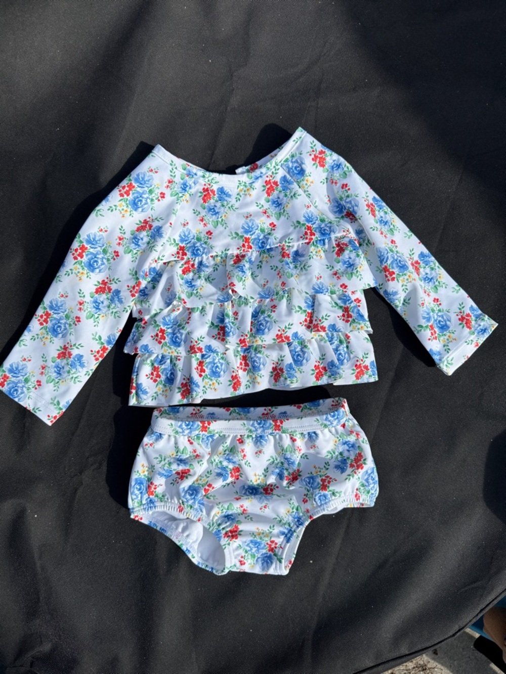 Janie and Jack Light Blue Floral Ruffled Long-Sleeve Swim Set
